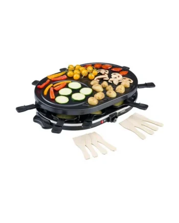 Cooks Professional Electric Raclette Grill 1200W with Non-Stick Metal Plate - Includes 8 Fondue Pans, Spatulas & Thermostat