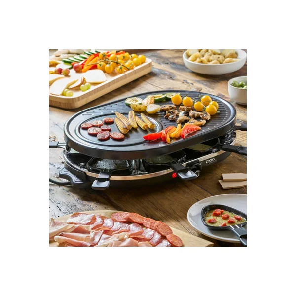 Cooks Professional Electric Raclette Grill 1200W with Non-Stick Metal Plate - Includes 8 Fondue Pans, Spatulas & Thermostat