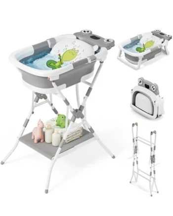 COOSEYA 3 in 1 Foldable Baby Bath with Stand, Baby Bath Tub for Newborn to Toddler with Support Soft Cushion, Foldable Design for Travel and Outdoor, Baby Shower Gifts, 0-18Months, Frog Grey