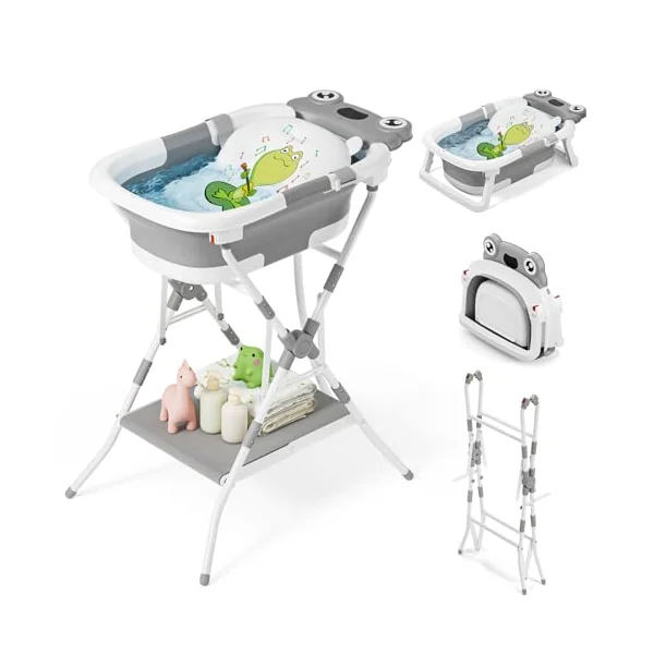 COOSEYA 3 in 1 Foldable Baby Bath with Stand, Baby Bath Tub for Newborn to Toddler with Support Soft Cushion, Foldable Design for Travel and Outdoor, Baby Shower Gifts, 0-18Months, Frog Grey