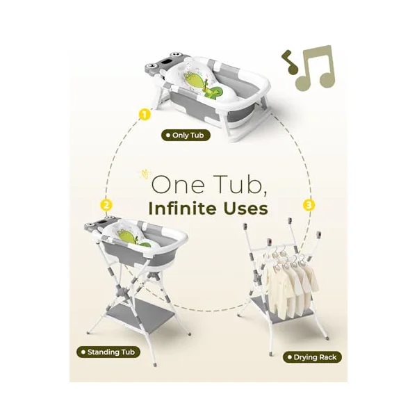 COOSEYA 3 in 1 Foldable Baby Bath with Stand, Baby Bath Tub for Newborn to Toddler with Support Soft Cushion, Foldable Design for Travel and Outdoor, Baby Shower Gifts, 0-18Months, Frog Grey