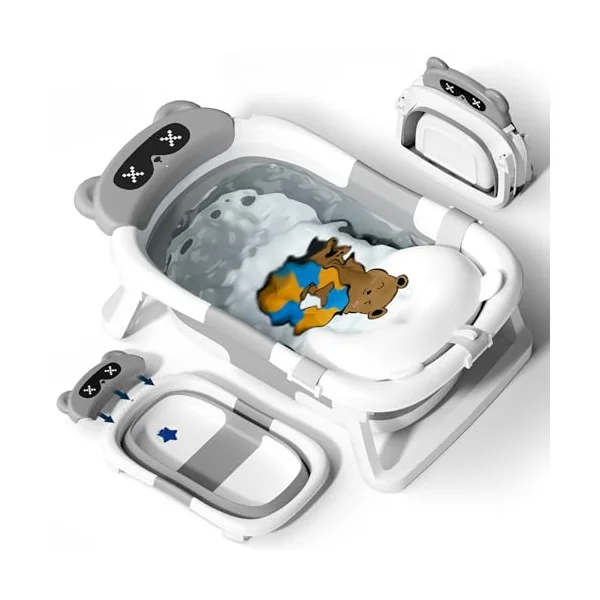 COOSEYA Baby Bath Tub Foldable, Baby Bathtub Collapsible Essentials for Newborn with Soft Cushion (0-18Months), Baby Shower for Infant to Toddler Gift Portable Space-Saving Travel,Grey