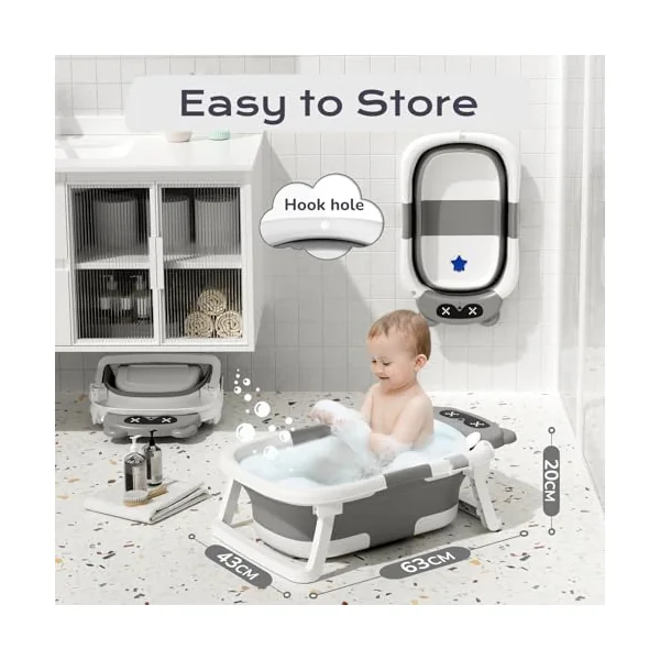COOSEYA Baby Bath Tub Foldable, Baby Bathtub Collapsible Essentials for Newborn with Soft Cushion (0-18Months), Baby Shower for Infant to Toddler Gift Portable Space-Saving Travel,Grey