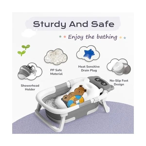 COOSEYA Baby Bath Tub Foldable, Baby Bathtub Collapsible Essentials for Newborn with Soft Cushion (0-18Months), Baby Shower for Infant to Toddler Gift Portable Space-Saving Travel,Grey