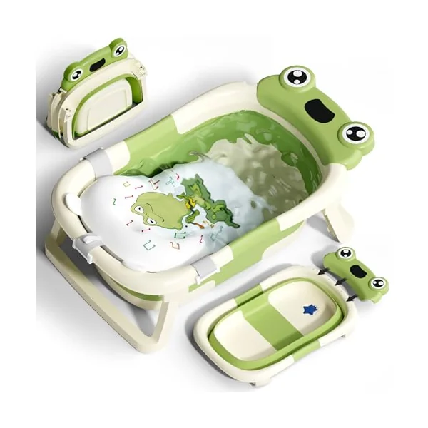 COOSEYA Foldable Baby Bath Tub for Newborn, Collapsible Baby Bathtub with Soft Support Cushion (0-18Months), Baby Shower for Infant to Toddler Gift, Travel Outdoor Design (Green)