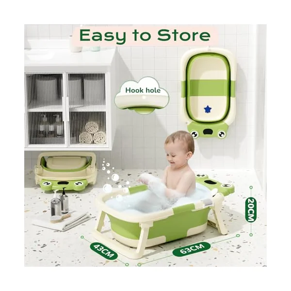 COOSEYA Foldable Baby Bath Tub for Newborn, Collapsible Baby Bathtub with Soft Support Cushion (0-18Months), Baby Shower for Infant to Toddler Gift, Travel Outdoor Design (Green)