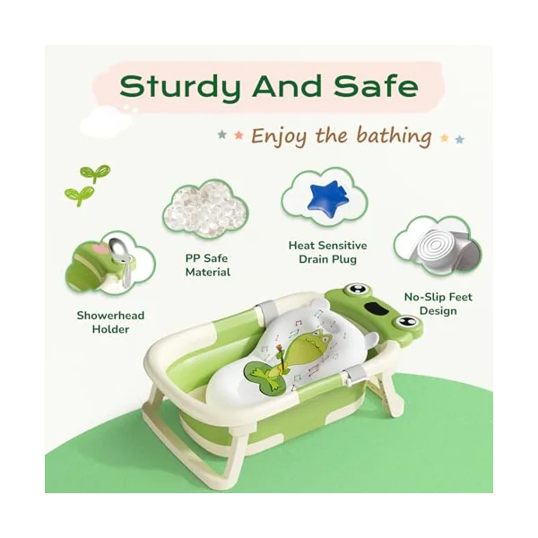 COOSEYA Foldable Baby Bath Tub for Newborn, Collapsible Baby Bathtub with Soft Support Cushion (0-18Months), Baby Shower for Infant to Toddler Gift, Travel Outdoor Design (Green)