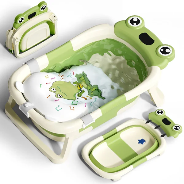 COOSEYA Foldable Baby Bath Tub for Newborn, Collapsible Baby Bathtub with Soft Support Cushion (0-18Months), Baby Shower for Infant to Toddler Gift, Travel Outdoor Design (Green)