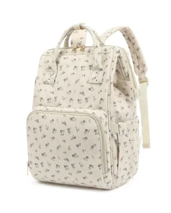 Corduroy Diaper Bag Backpack for Baby Girls Boys, Women Large Nappy Bags for Mom (Beige Corduroy Floral Purple)