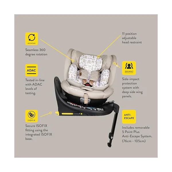 COSATTO All in All Extra i-Size 360° Spin Rotating Car Seat - 360° Swivel, Group 0+123, 0-36 kg, 0-12years, ISOFIX, ERF, Exclusive Anti-Escape System (Whisper)