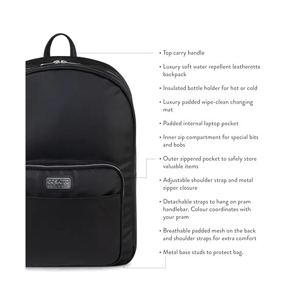 Cosatto | Baby Changing Bag | Travel Large Backpack | Newborn Baby Essentials | Pram Accessories | Luxury Water Repellent Leatherette | Black