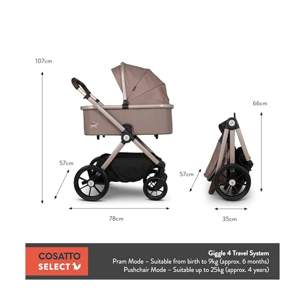 Cosatto Giggle 4 Travel System 3 in 1 Bundle (Faraway) | Pram, Car Seat, Pushchair & Carrycot | Birth to 4 Years, i-Size Group 0 | Compact Fold, Footmuff, Bag and Raincover