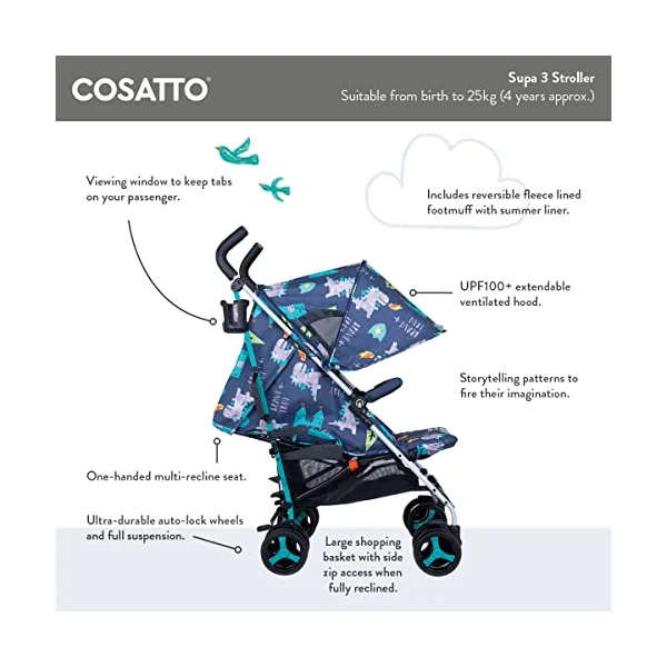 Cosatto Supa 3 Pushchair with Footmuff – Lightweight Stroller from Birth to 25Kg - Easy, Compact, Umbrella Fold, Large Shopping Basket, Carry Handle Footmuff (Dusky Unicorn Land)