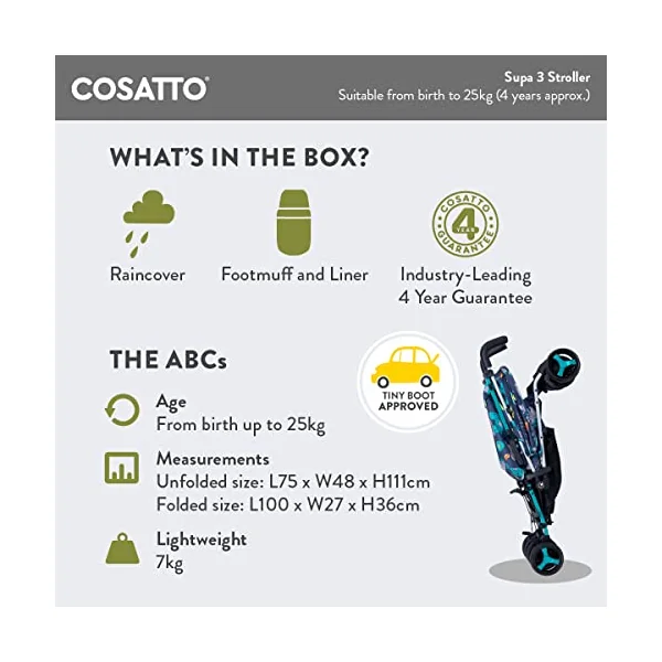 Cosatto Supa 3 Pushchair with Footmuff – Lightweight Stroller from Birth to 25Kg - Easy, Compact, Umbrella Fold, Large Shopping Basket, Carry Handle Footmuff (Dusky Unicorn Land)