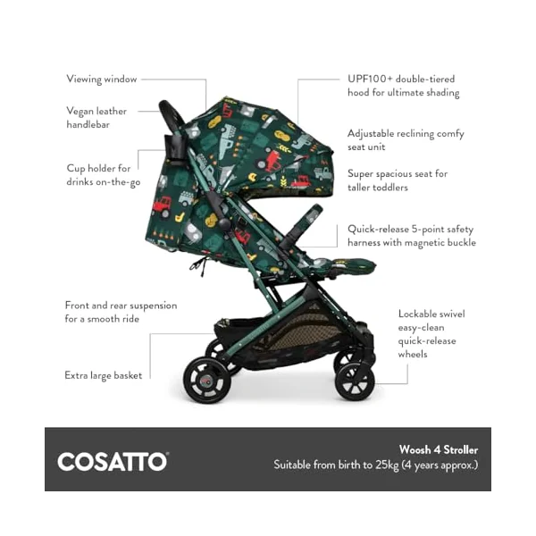 COSATTO Woosh 4 Pushchair – Lightweight Stroller Birth to 25kg - One Hand Easy Fold, Compact, Telescopic Handle, Extra Large Shopping Basket, Cup Holder, Bumper Bar & Raincover (Old Macdonald)