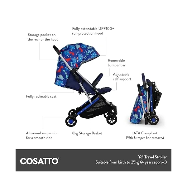 Cosatto Yo Travel Stroller - Baby Pushchair Lightweight Compact Fold from Birth to 25kg - Airline Compliant, One Hand Easy Fold, Large 8kg Shopping Basket, Raincover & Bumper Bar (Silhouette)