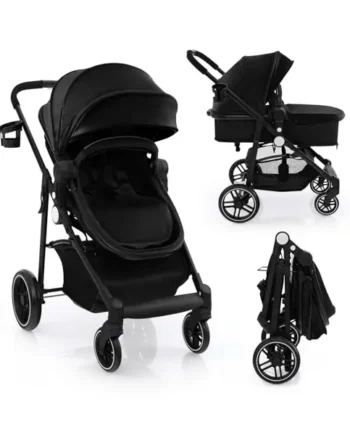 COSTWAY 2 in 1 Baby Pushchair, Foldable Travel System Pram with Reversible Seat, Adjustable Canopy, Storage Basket, Cup Holder, Lightweight Infant Stroller for 0-36 Months (Black)
