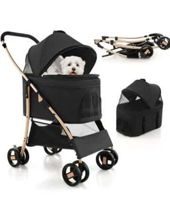 COSTWAY 3 in 1 Pet Stroller, Folding Dog Strollers with Detachable Car Seat Carrier, Adjustable Canopy, Storage Basket, 4 Wheels Travel Pushchair for Small Medium Dogs Cats (Black+Gold)