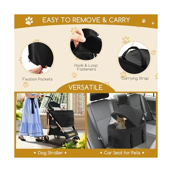COSTWAY 3 in 1 Pet Stroller, Folding Dog Strollers with Detachable Car Seat Carrier, Adjustable Canopy, Storage Basket, 4 Wheels Travel Pushchair for Small Medium Dogs Cats (Black+Gold)