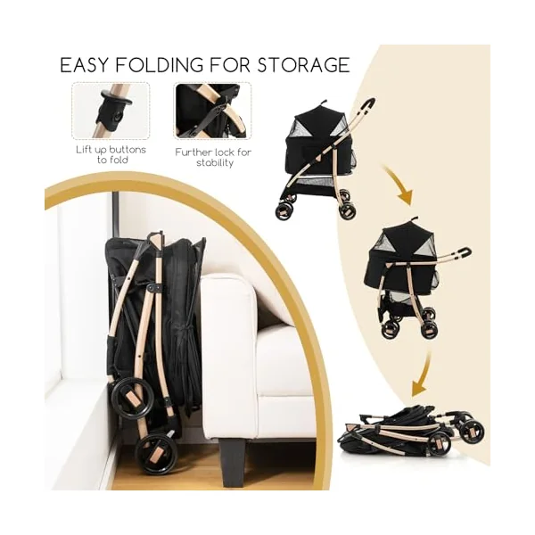 COSTWAY 3 in 1 Pet Stroller, Folding Dog Strollers with Detachable Car Seat Carrier, Adjustable Canopy, Storage Basket, 4 Wheels Travel Pushchair for Small Medium Dogs Cats (Black+Gold)