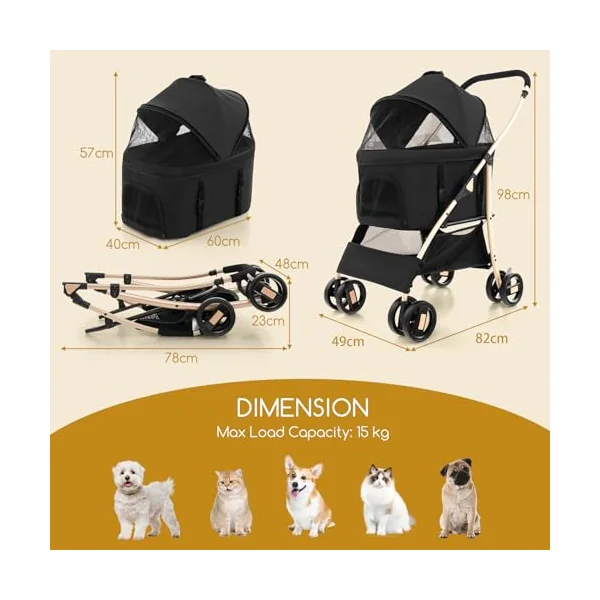 COSTWAY 3 in 1 Pet Stroller, Folding Dog Strollers with Detachable Car Seat Carrier, Adjustable Canopy, Storage Basket, 4 Wheels Travel Pushchair for Small Medium Dogs Cats (Black+Gold)
