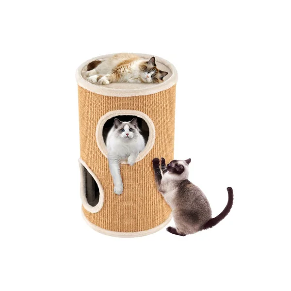 COSTWAY 4-Story Cat Condo Multi-level Cat House with Sisal Scratching Pad Barrel-Shaped Cat Tree Tower-Brown