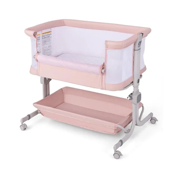 COSTWAY Baby Bedside Crib, 6-Level Heights Adjustable Bassinet with Mattress, Storage Shelf, Lockable Wheels, Carry Bag, Newborn Bedside Sleeper for Birth to 9kg (Pink)
