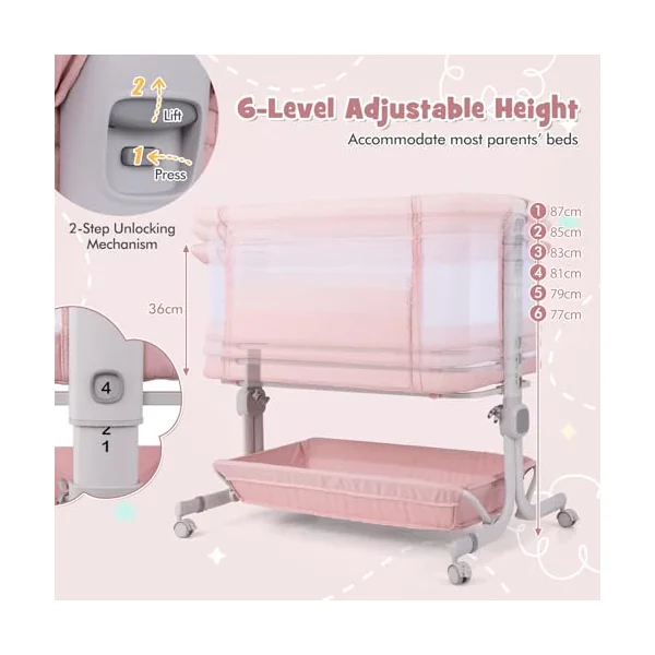 COSTWAY Baby Bedside Crib, 6-Level Heights Adjustable Bassinet with Mattress, Storage Shelf, Lockable Wheels, Carry Bag, Newborn Bedside Sleeper for Birth to 9kg (Pink)