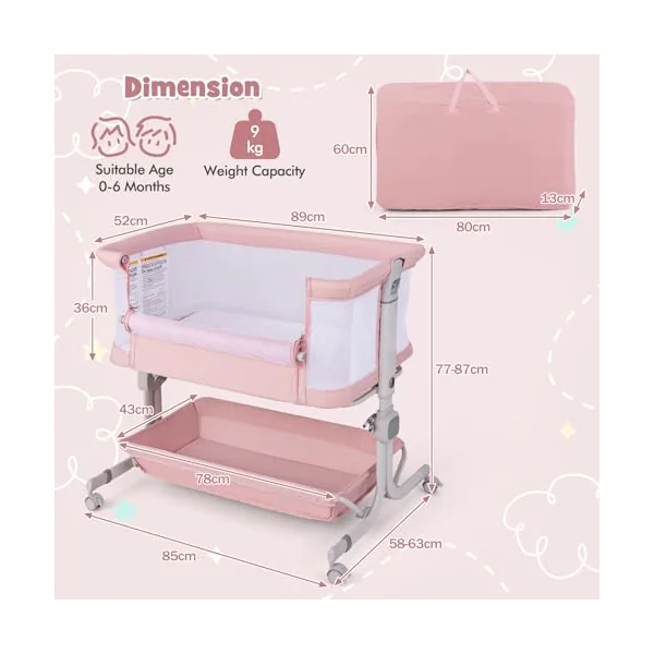 COSTWAY Baby Bedside Crib, 6-Level Heights Adjustable Bassinet with Mattress, Storage Shelf, Lockable Wheels, Carry Bag, Newborn Bedside Sleeper for Birth to 9kg (Pink)