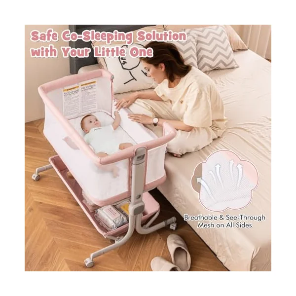 COSTWAY Baby Bedside Crib, 6-Level Heights Adjustable Bassinet with Mattress, Storage Shelf, Lockable Wheels, Carry Bag, Newborn Bedside Sleeper for Birth to 9kg (Pink)