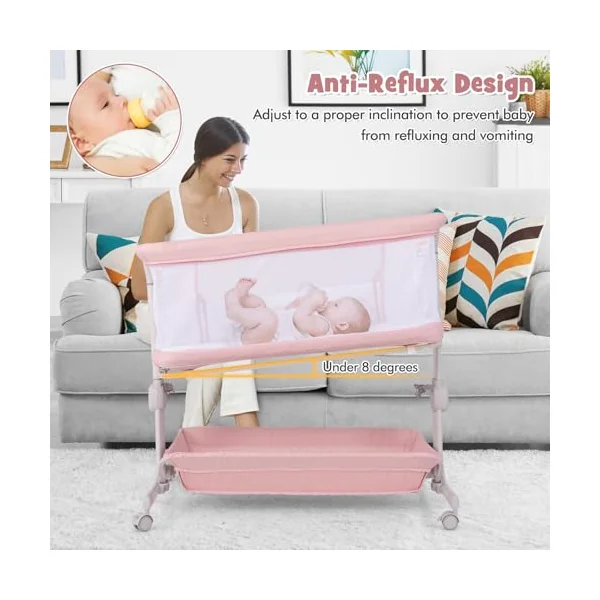 COSTWAY Baby Bedside Crib, 6-Level Heights Adjustable Bassinet with Mattress, Storage Shelf, Lockable Wheels, Carry Bag, Newborn Bedside Sleeper for Birth to 9kg (Pink)