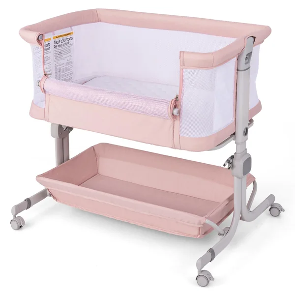 COSTWAY Baby Bedside Crib, 6-Level Heights Adjustable Bassinet with Mattress, Storage Shelf, Lockable Wheels, Carry Bag, Newborn Bedside Sleeper for Birth to 9kg (Pink)