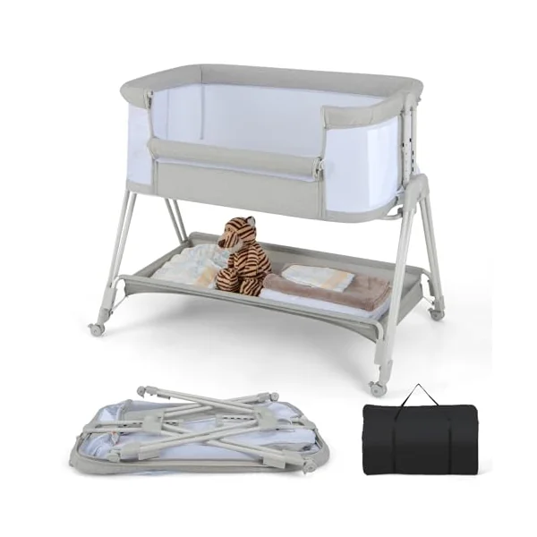 COSTWAY Baby Bedside Crib, Easy Folding Cot Bed with Mattress, All-Side Mesh, Storage Shelf and Travel Bag, Height Adjustable Newborn Sleeper for Birth to 9kg (Light Grey)