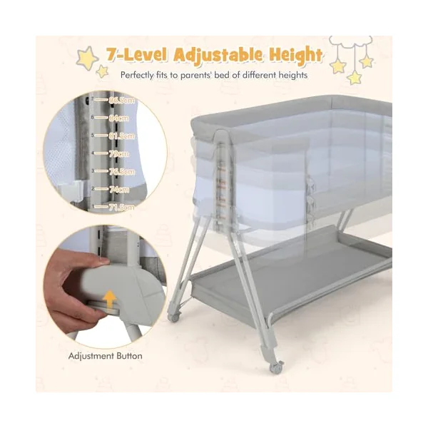COSTWAY Baby Bedside Crib, Easy Folding Cot Bed with Mattress, All-Side Mesh, Storage Shelf and Travel Bag, Height Adjustable Newborn Sleeper for Birth to 9kg (Light Grey)
