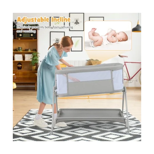 COSTWAY Baby Bedside Crib, Easy Folding Cot Bed with Mattress, All-Side Mesh, Storage Shelf and Travel Bag, Height Adjustable Newborn Sleeper for Birth to 9kg (Light Grey)