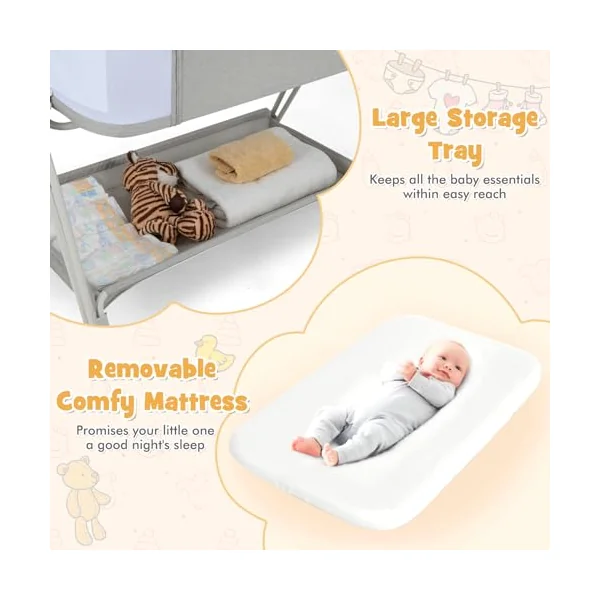 COSTWAY Baby Bedside Crib, Easy Folding Cot Bed with Mattress, All-Side Mesh, Storage Shelf and Travel Bag, Height Adjustable Newborn Sleeper for Birth to 9kg (Light Grey)