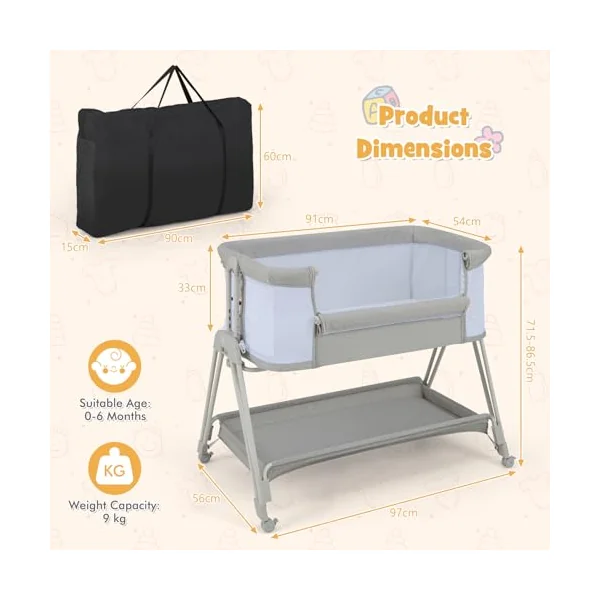 COSTWAY Baby Bedside Crib, Easy Folding Cot Bed with Mattress, All-Side Mesh, Storage Shelf and Travel Bag, Height Adjustable Newborn Sleeper for Birth to 9kg (Light Grey)