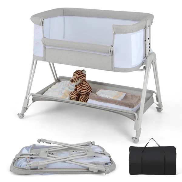 COSTWAY Baby Bedside Crib, Easy Folding Cot Bed with Mattress, All-Side Mesh, Storage Shelf and Travel Bag, Height Adjustable Newborn Sleeper for Birth to 9kg (Light Grey)