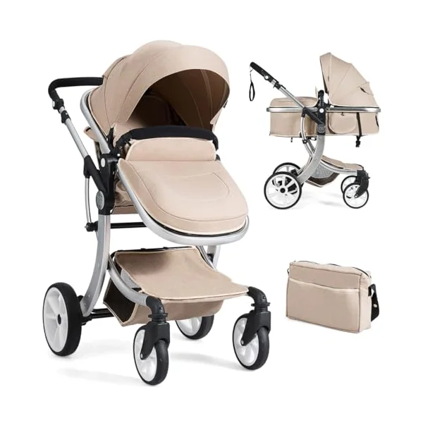 COSTWAY Baby Pushchair, Foldable Infant Stroller with Rain Cover, Mosquito Net, Carry Bag, Adjustable Backrest/Handle/Canopy, Convertible Buggy Pram for 0-3 Years (Beige)