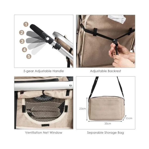 COSTWAY Baby Pushchair, Foldable Infant Stroller with Rain Cover, Mosquito Net, Carry Bag, Adjustable Backrest/Handle/Canopy, Convertible Buggy Pram for 0-3 Years (Beige)