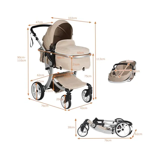 COSTWAY Baby Pushchair, Foldable Infant Stroller with Rain Cover, Mosquito Net, Carry Bag, Adjustable Backrest/Handle/Canopy, Convertible Buggy Pram for 0-3 Years (Beige)