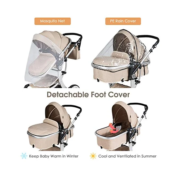 COSTWAY Baby Pushchair, Foldable Infant Stroller with Rain Cover, Mosquito Net, Carry Bag, Adjustable Backrest/Handle/Canopy, Convertible Buggy Pram for 0-3 Years (Beige)