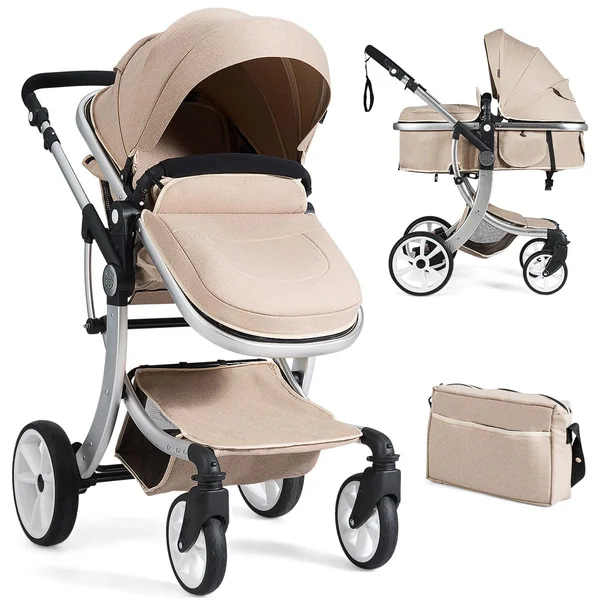 COSTWAY Baby Pushchair, Foldable Infant Stroller with Rain Cover, Mosquito Net, Carry Bag, Adjustable Backrest/Handle/Canopy, Convertible Buggy Pram for 0-3 Years (Beige)