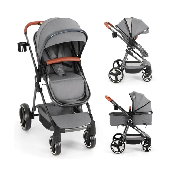 COSTWAY Baby Pushchair, Foldable Travel System Pram with Reversible Seat, Adjustable Canopy & Backrest, Storage Basket, Cup Holder, Aluminum Structure Stroller for 0-36 Months (Grey)