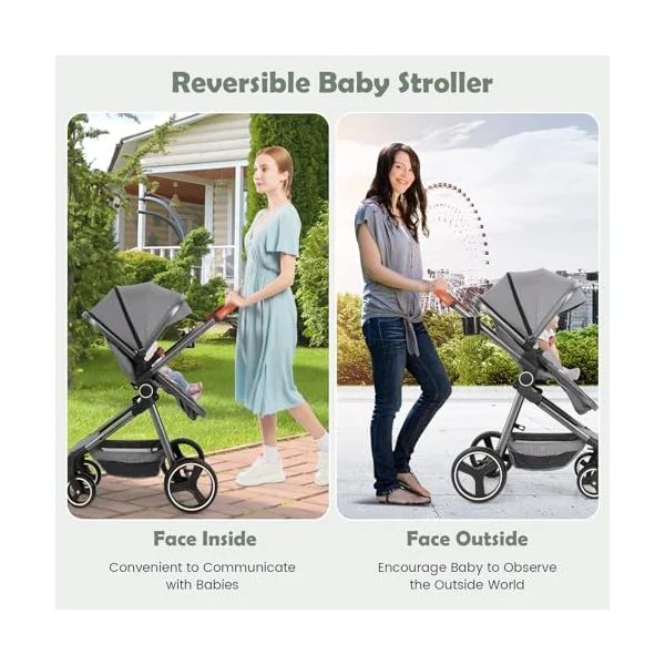 COSTWAY Baby Pushchair, Foldable Travel System Pram with Reversible Seat, Adjustable Canopy & Backrest, Storage Basket, Cup Holder, Aluminum Structure Stroller for 0-36 Months (Grey)