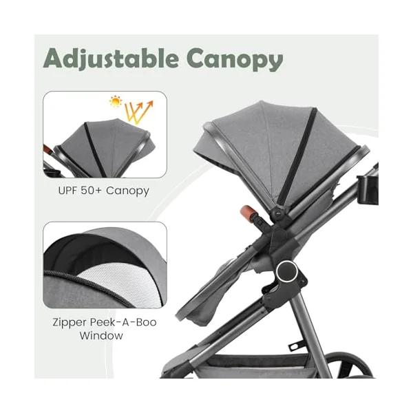 COSTWAY Baby Pushchair, Foldable Travel System Pram with Reversible Seat, Adjustable Canopy & Backrest, Storage Basket, Cup Holder, Aluminum Structure Stroller for 0-36 Months (Grey)