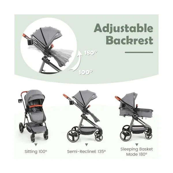 COSTWAY Baby Pushchair, Foldable Travel System Pram with Reversible Seat, Adjustable Canopy & Backrest, Storage Basket, Cup Holder, Aluminum Structure Stroller for 0-36 Months (Grey)
