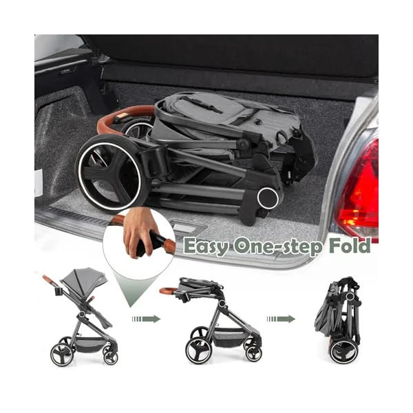 COSTWAY Baby Pushchair, Foldable Travel System Pram with Reversible Seat, Adjustable Canopy & Backrest, Storage Basket, Cup Holder, Aluminum Structure Stroller for 0-36 Months (Grey)