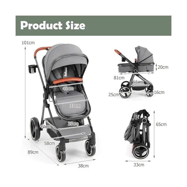 COSTWAY Baby Pushchair, Foldable Travel System Pram with Reversible Seat, Adjustable Canopy & Backrest, Storage Basket, Cup Holder, Aluminum Structure Stroller for 0-36 Months (Grey)