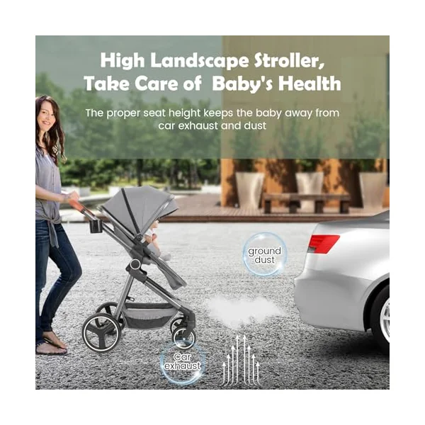 COSTWAY Baby Pushchair, Foldable Travel System Pram with Reversible Seat, Adjustable Canopy & Backrest, Storage Basket, Cup Holder, Aluminum Structure Stroller for 0-36 Months (Grey)